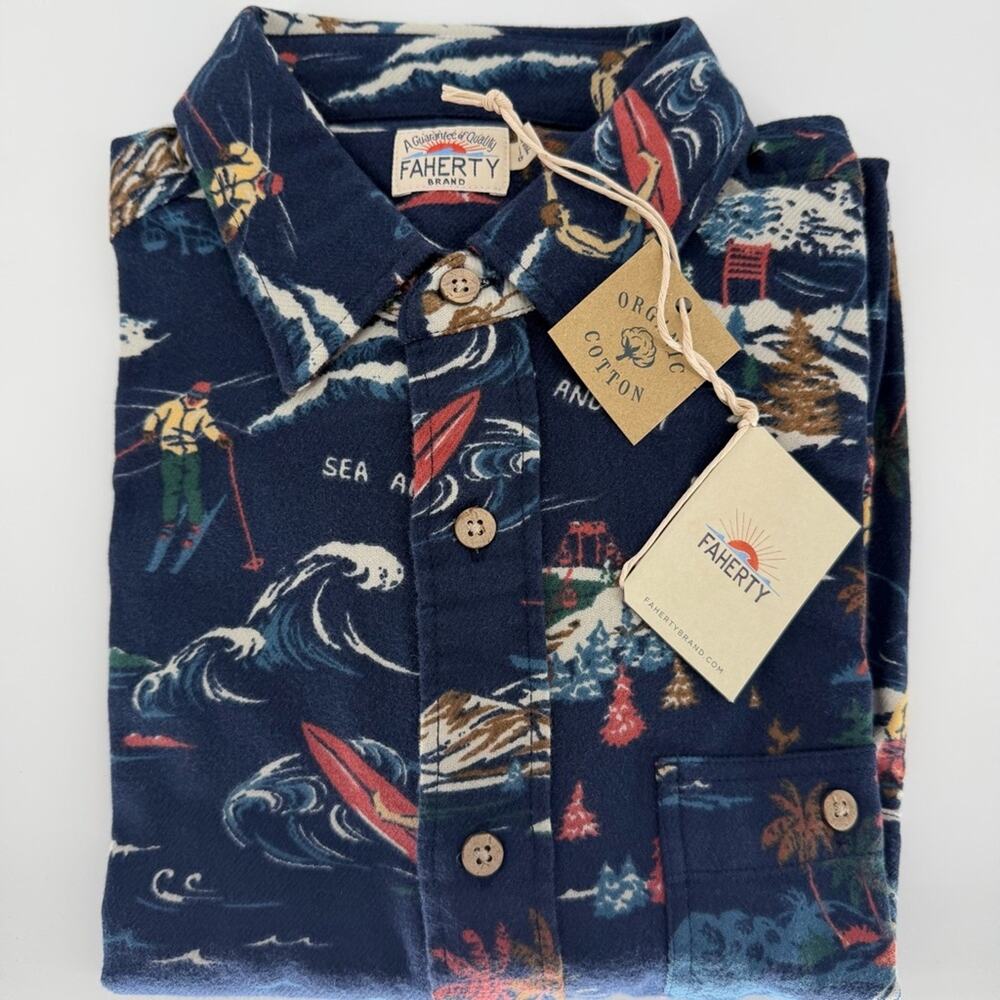 NEW Faherty Super Brushed Flannel Navy Sea and Ski Print Shirt Mens Small - Picture 2 of 7